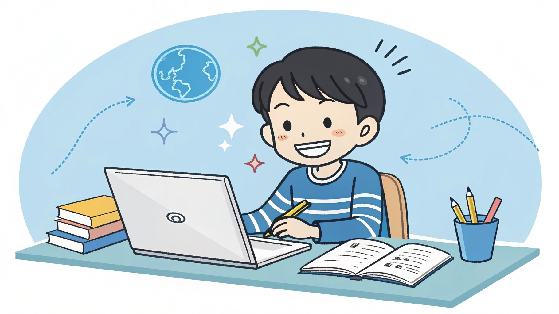 小学生男子が笑顔で勉強