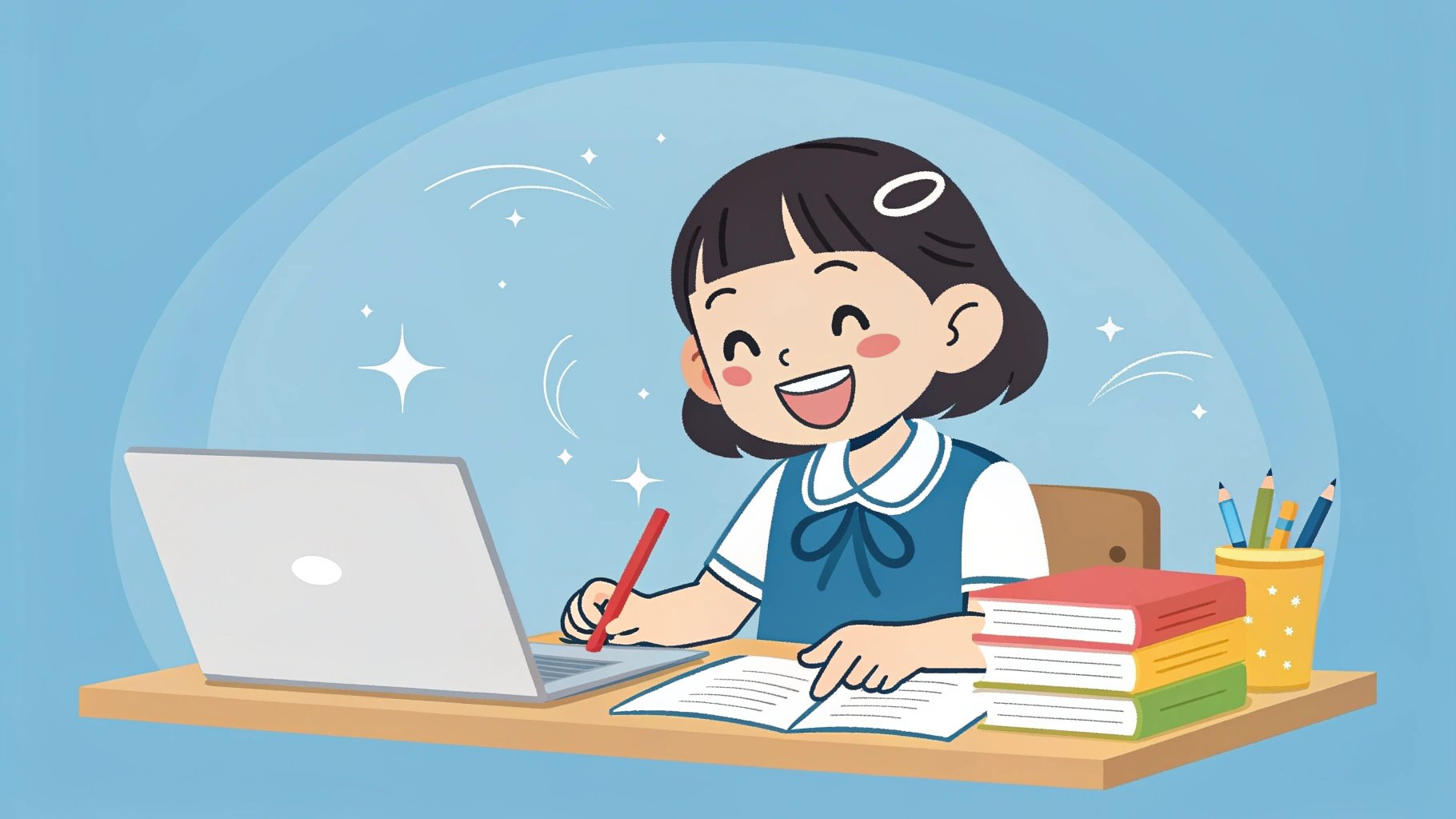 小学生女子が笑顔で勉強